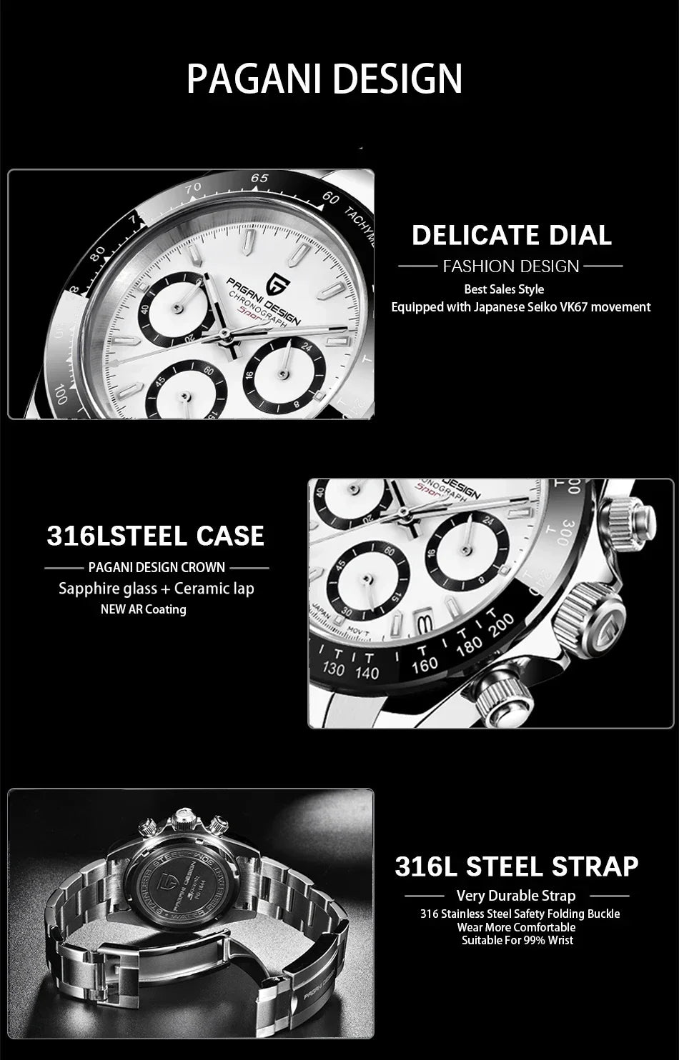 Neue PAGANI DESIGN PD1644 Luxus-Quarzuhr für Herren mit automatischem Datum, sportliche Armbanduhr, 100m wasserdicht, Chronograph, Herrengeschenk