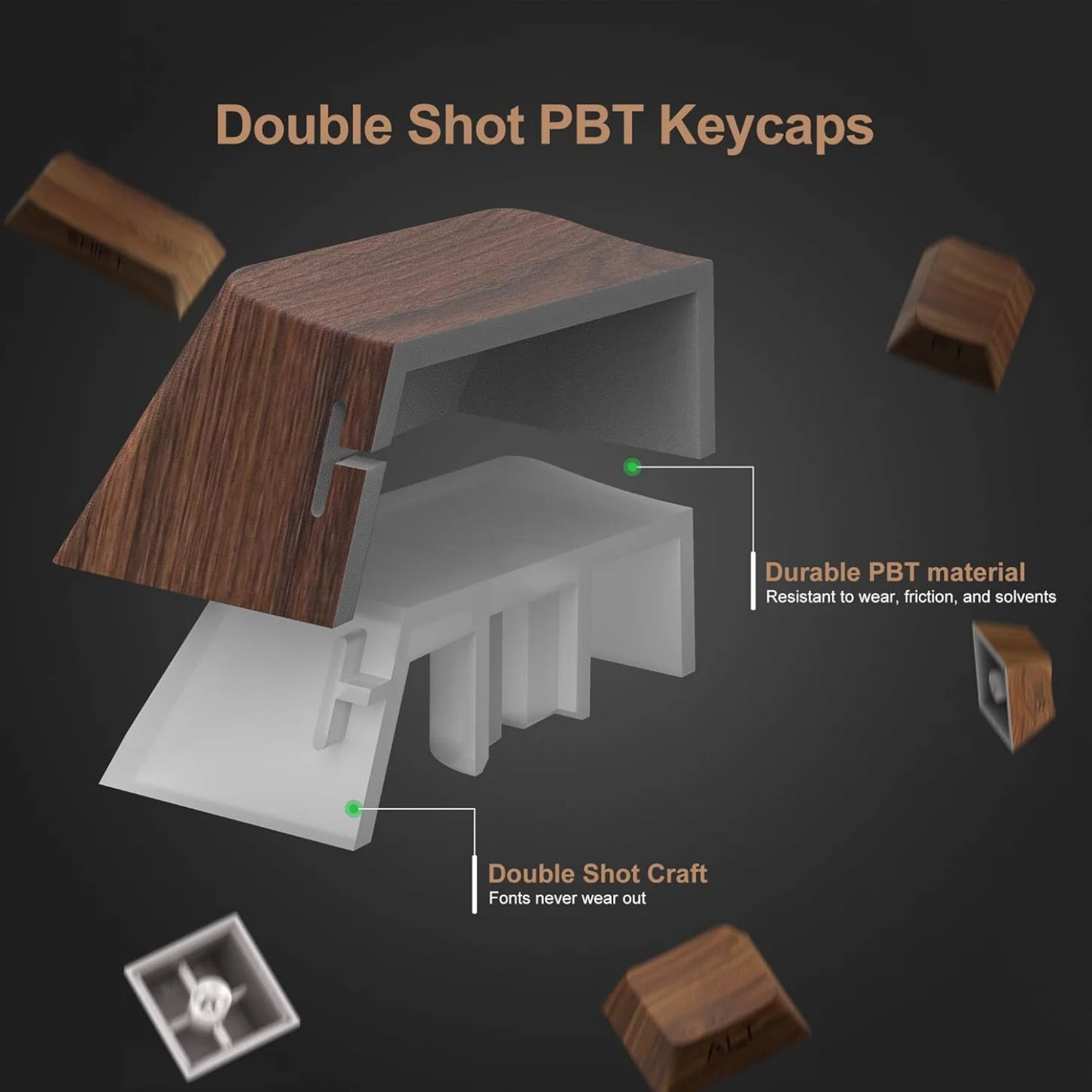 Wood Grain, Side Engraved Translucent Cherry Keycap PBT 126 Keys, Customized for 60/84/98/108 Mechanical Keyboard