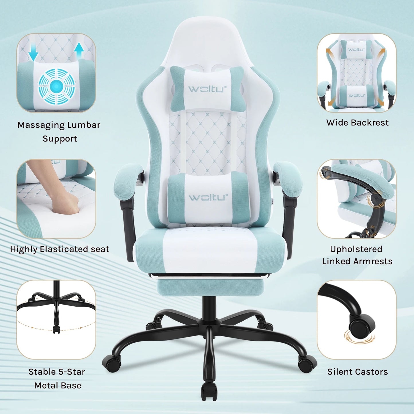 WOLTU Swivel Computer Chair with Massage Function Ergonomic Office Chair with Pillow & Footrest Height Adjustable Gaming Chair