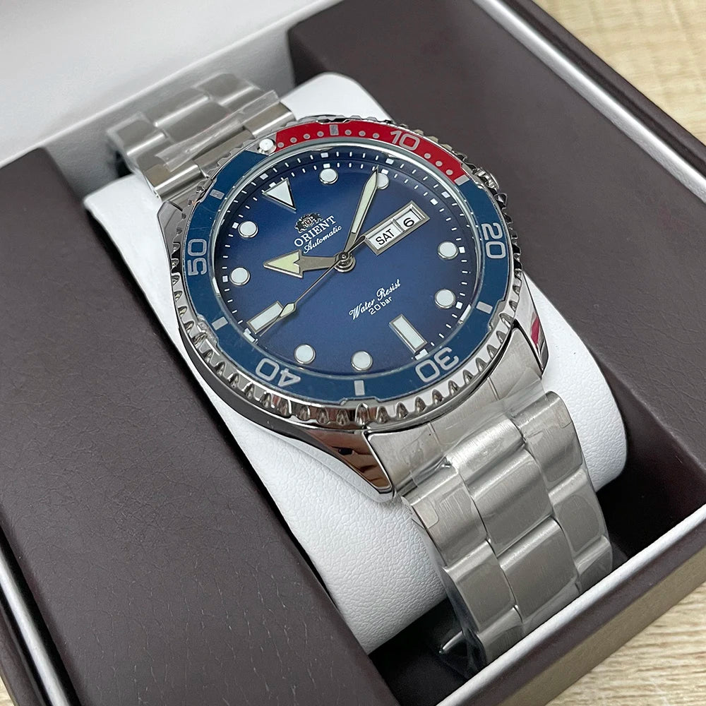 Orient Men's 200M Waterproof Automatic Dive Watch Dial Stainless Steel Bracelet Day Date Self-Winding Luminous Wristwatch