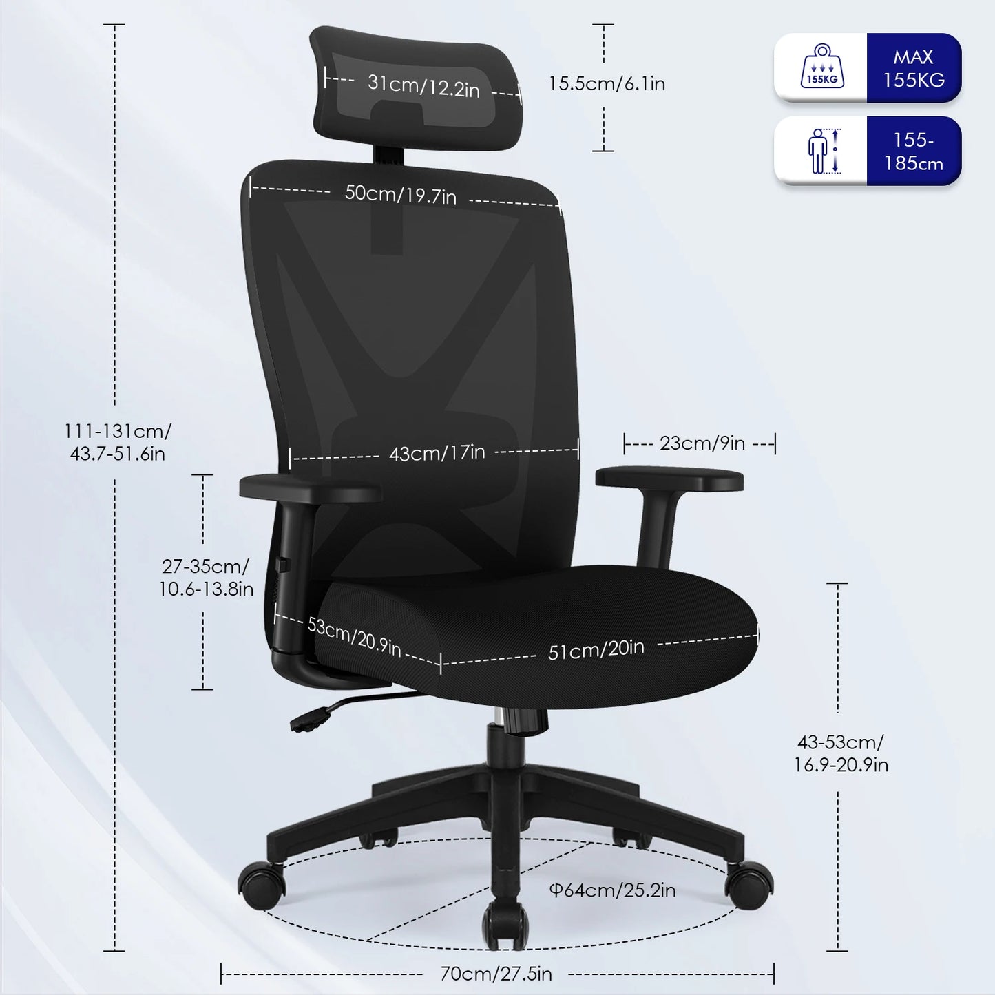 AUTHMIC Ergonomic Office Chair Mesh Back, 5D Lumbar Support, Reclining 90–135°, Adjustable Armrest & Headrest for Home Office
