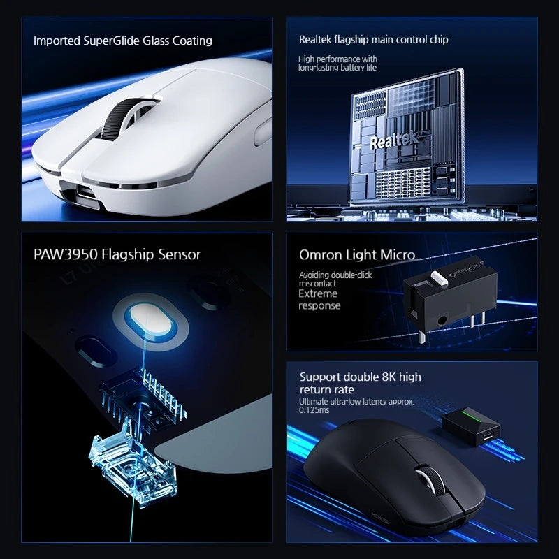 MCHOSE L7 Ultra+ Medium Large håndmus til gaming, e-sport, PAW3950, trådløs med tre tilstande, let kontormus med dual-drive til computer