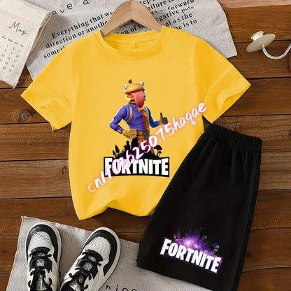 2026 New Fortnite Kids Pure Cotton Short-Sleeved Set with Cartoon Print Boys' Sport Shirt Casual Top Summer T-Shirt 2 Pieces