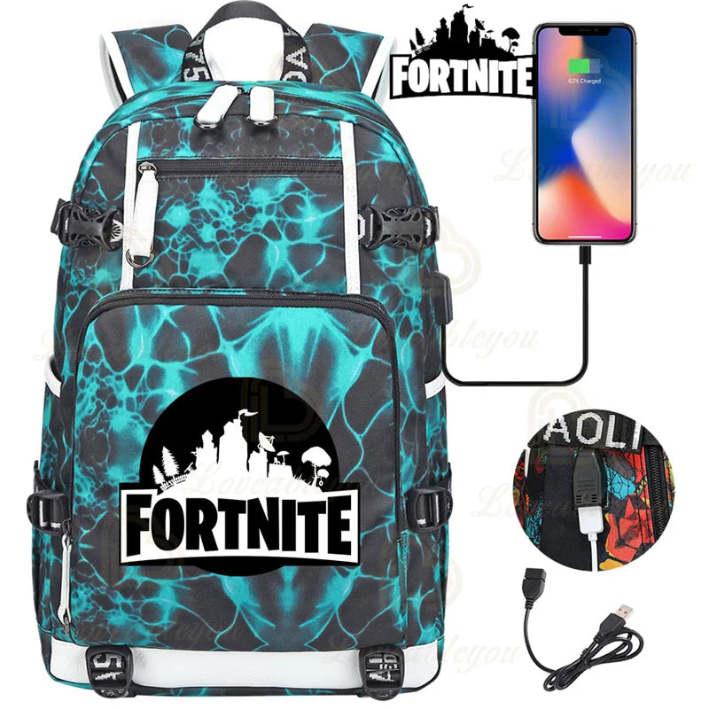 Ultima Knight F-Fortnited Battle Royale Rucksack mit USB-Ladeanschluss, Anime-Figuren und Studienfach für Schreibwaren für Schüler