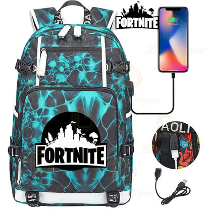 Ultima Knight F-Fortnited Battle Royale Rucksack mit USB-Ladeanschluss, Anime-Figuren und Studienfach für Schreibwaren für Schüler