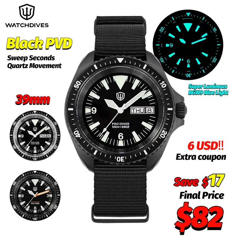 Watchdives WD1980 V3 Quartz Watch 100m Waterproof BGW9 Luminous Nylon Strap Watch Sapphire VH31 Movement Men Watch with Gift Box