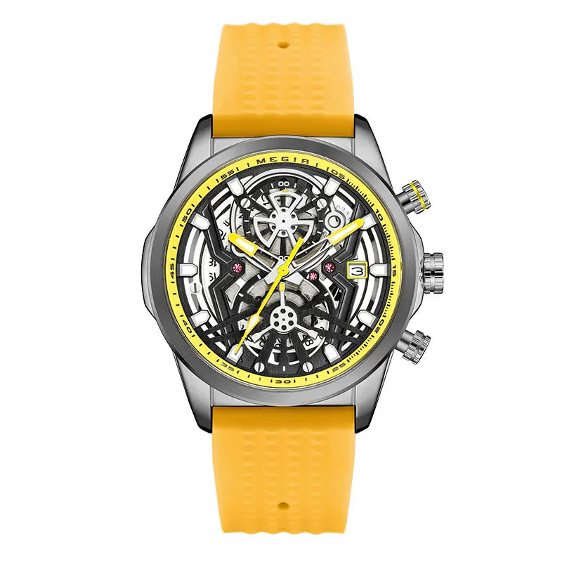 MEGIR Chronograph Quartz Watch Men Fashion Waterproof Yellow Silicone Strap Sport Wristwatch with Luminous Hands Auto Date 2235