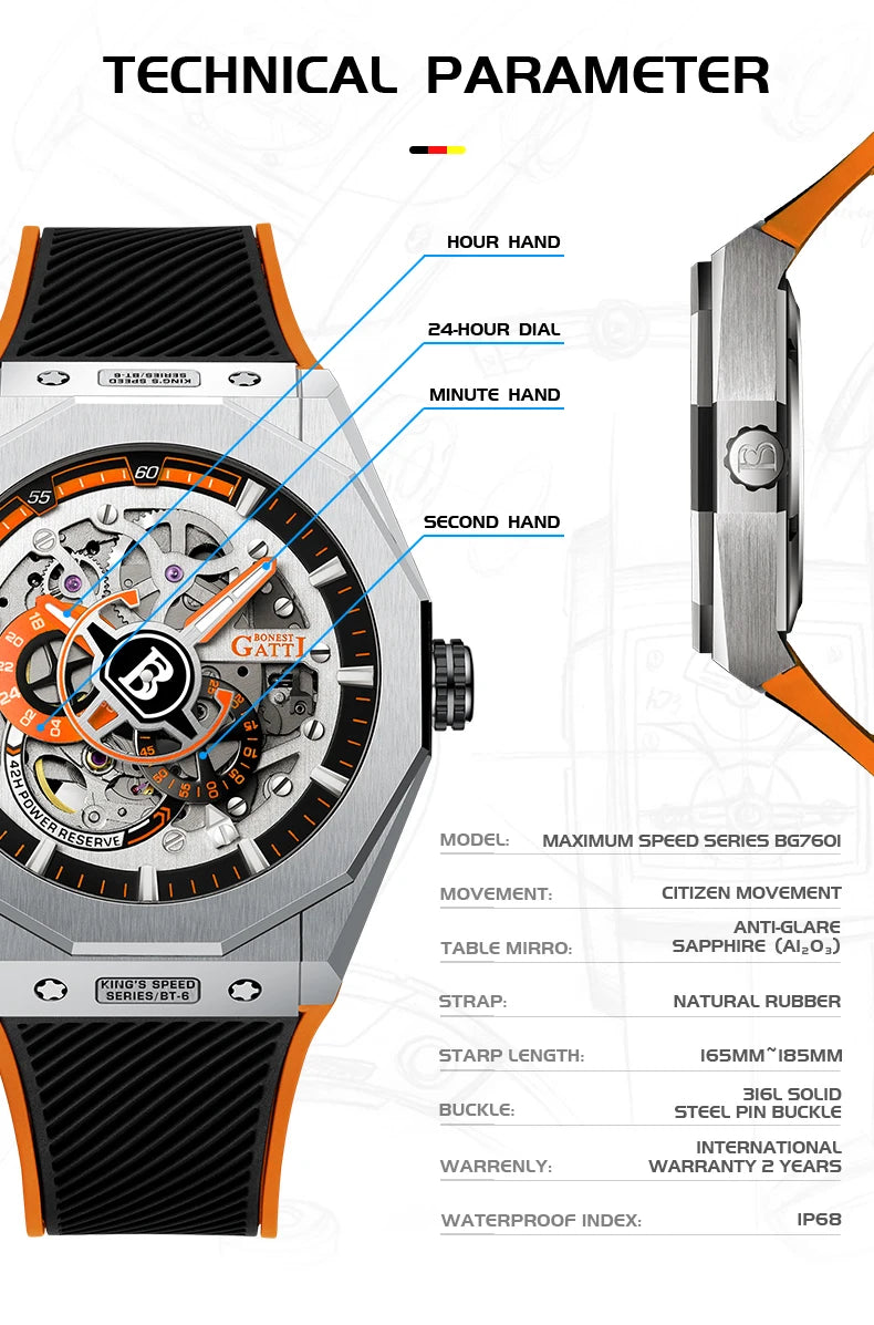 BONEST GATTI BG7601 Men Automatic Mechanical Watch Sapphire Crystal Waterproof Luminous Rubber Strap Wristwatch