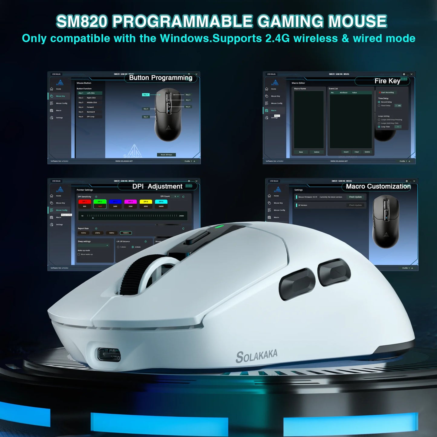 SOLAKAKA SM820 Tri-Mode Wireless Gaming Mouse with RGB Charging Dock, PAW3311 Sensor, 26000 DPI, Ultra-Light Rechargeable Wireless Gaming Mouse