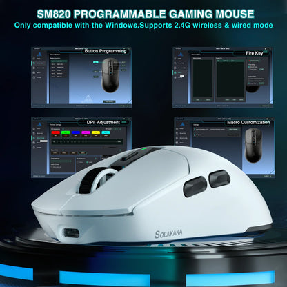 SOLAKAKA SM820 Tri-Mode Wireless Gaming Mouse with RGB Charging Dock, PAW3311 Sensor, 26000 DPI, Ultra-Light Rechargeable Wireless Gaming Mouse