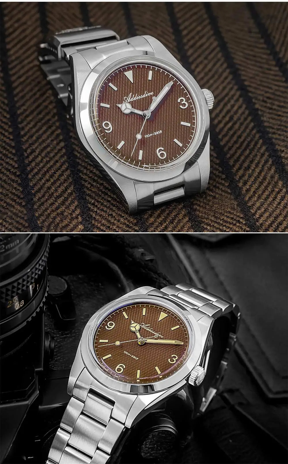 ADDIESDIVE New Men's Analog Watch Bubble Mirror Glass 100m Luminous Men's Quartz Watches with Stainless Steel Bracelet AD2096