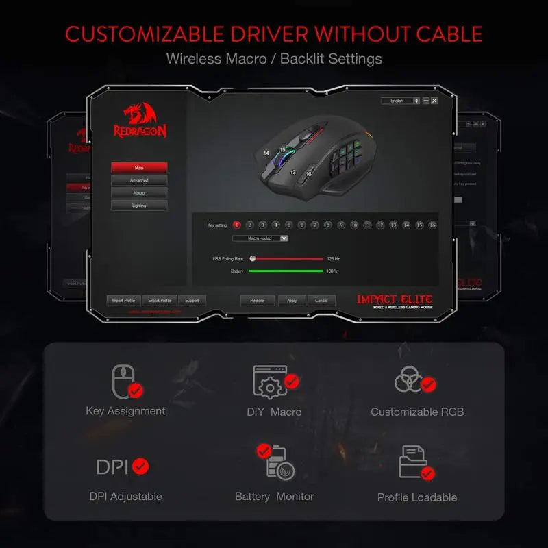Herní myš Redragon M913, 16000 DPI, kabelová / bezdrátová 2.4Ghz, RGB optická myš pro hráče, 16 programovatelných tlačítek, černo-bílá