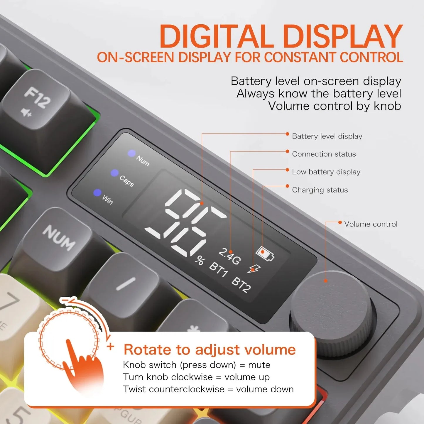 FreeWolf M96 Wireless Keyboard with Screen, Gaming Keyboard Bluetooth Dual-Mode Connection, Multi-Device Linking, Ergonomic