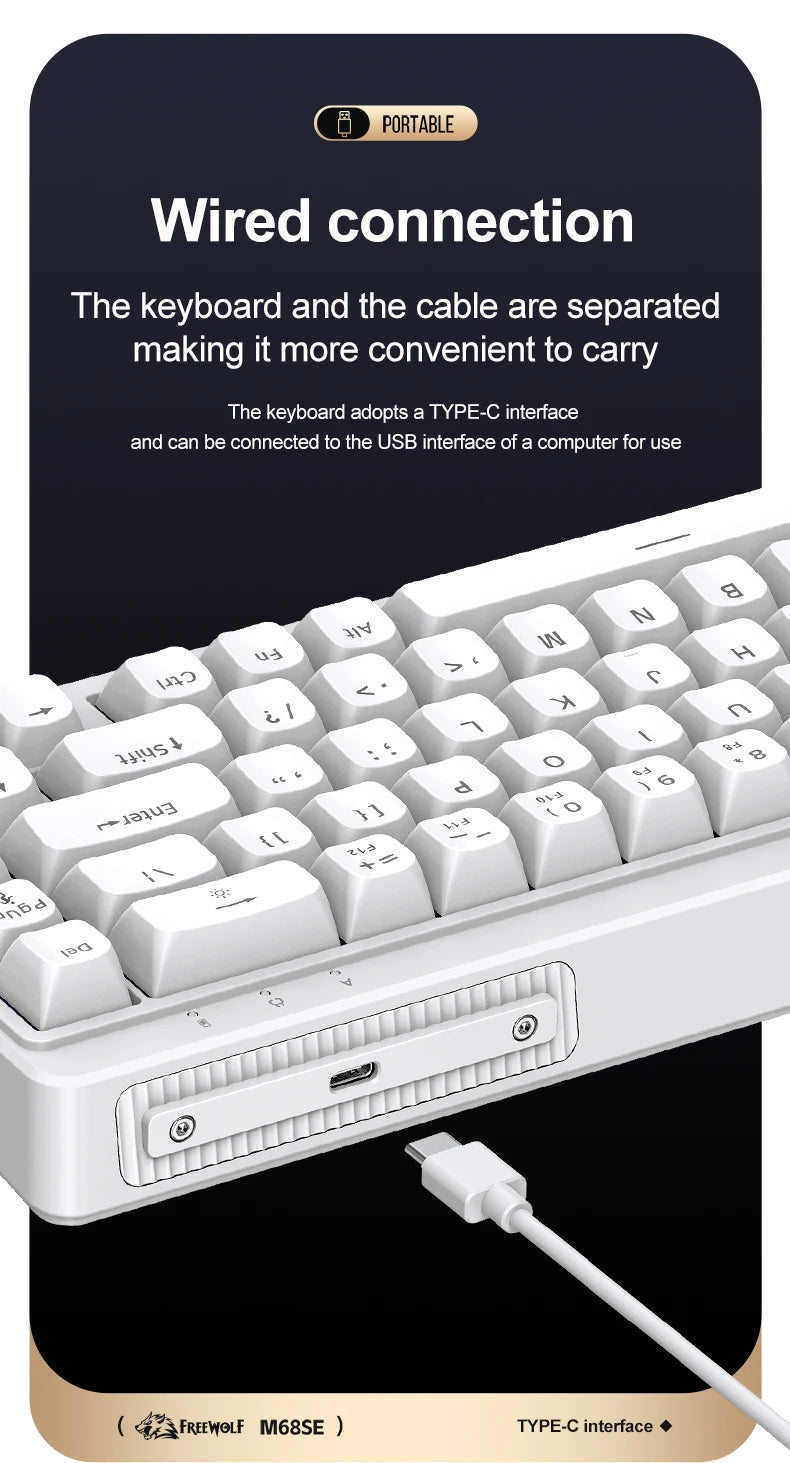 FREEWOLF M68SE 68 key wired mini keyboard, designed ergonomically, dazzling lights and compatible with multiple systems