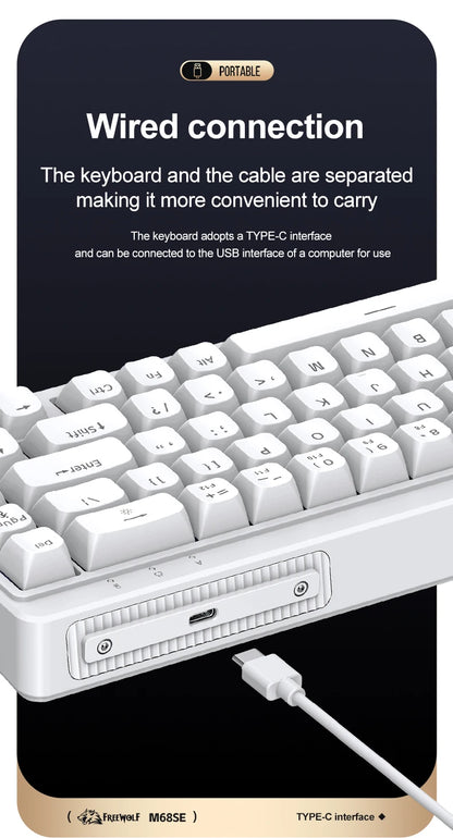 FREEWOLF M68SE 68 key wired mini keyboard, designed ergonomically, dazzling lights and compatible with multiple systems