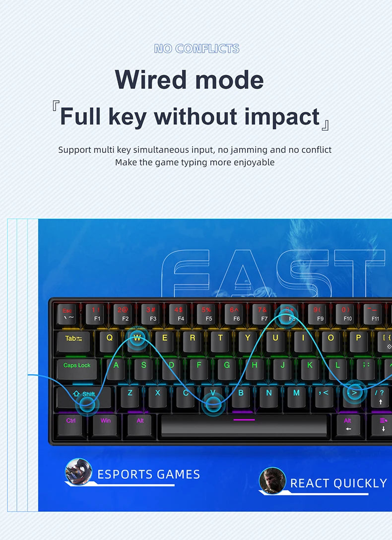 APAYADO K61 60% Mechanical Keyboard Wired RGB, 61 Keys Mini Gaming Keyboard with Red/Blue Switches, Compact RGB Mechanical Keyboard for PC & Laptop