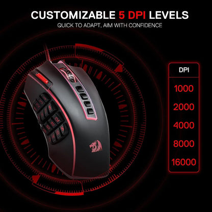 Mouse de gaming MMO Redragon M990, 32000 DPI, de înaltă precizie, cu fir, RGB, cu 23 de butoane programabile și 16 taste macro laterale
