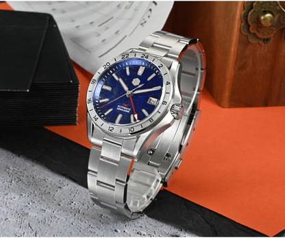 San Martin 39mm Aventurine Gemstone Dial Luxury Men's Watch NH34 GMT Automatic Mechanical Sapphire Waterproof Luminous SN0129