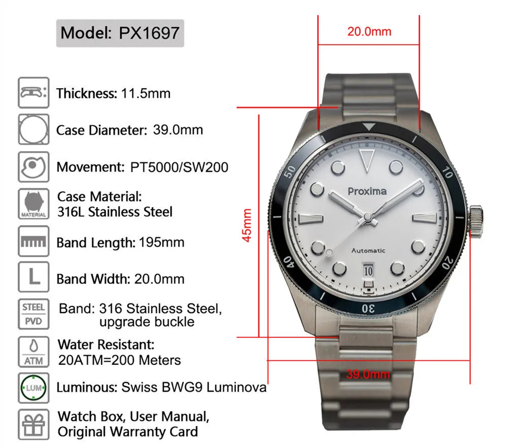 Proxima PX1697 39mm Men Watch White Enamel Dial Bubble Sapphire PT5000 SW200 Automatic Mechanical Vintage Watches 20Bar Luminous