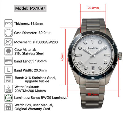 Proxima PX1697 39mm Men Watch White Enamel Dial Bubble Sapphire PT5000 SW200 Automatic Mechanical Vintage Watches 20Bar Luminous