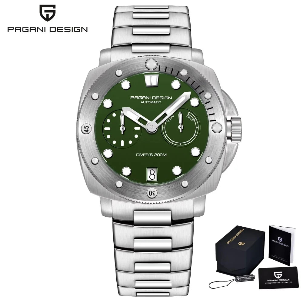 PAGANI DESIGN Men's Mechanical Watch Luxury Sapphire Glass Luminous Automatic Watch 200M Waterproof Stainless Steel Watch