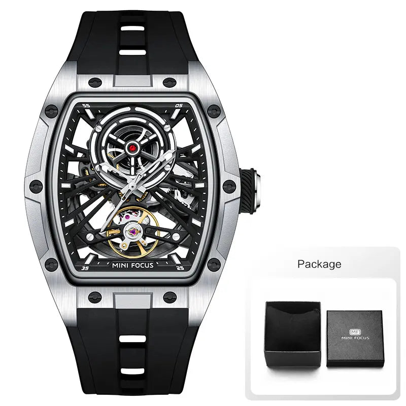 MINI FOCUS Orologio da polso da uomo fashion nero impermeabile, automatico meccanico, con lancette luminose, cinturino in silicone e quadrante tonneau