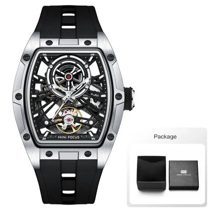 MINI FOCUS Orologio da polso da uomo fashion nero impermeabile, automatico meccanico, con lancette luminose, cinturino in silicone e quadrante tonneau