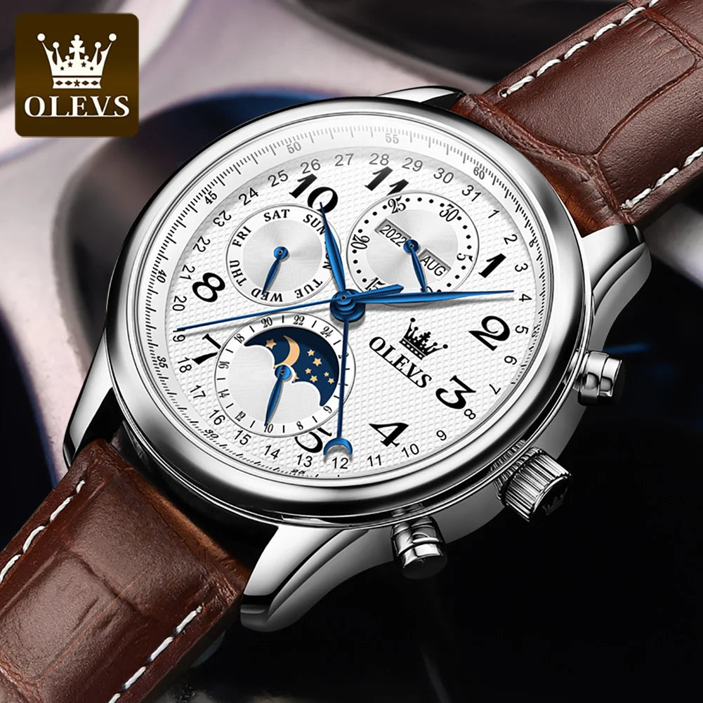 Montres pour hommes OLEVS 6667 avec phase de lune, 7 aiguilles, mécanisme automatique multifonction ; montre de luxe pour homme, idéale pour un style professionnel.