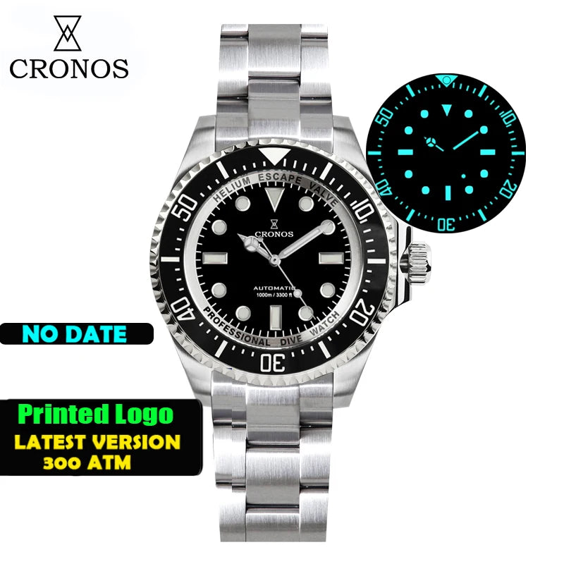Cronos Automatic Diving Watch Stainless Steel 2000 Meters Water Resistance Professional Diver PT5000 SW200 Miyota9015 90S5 L6027M