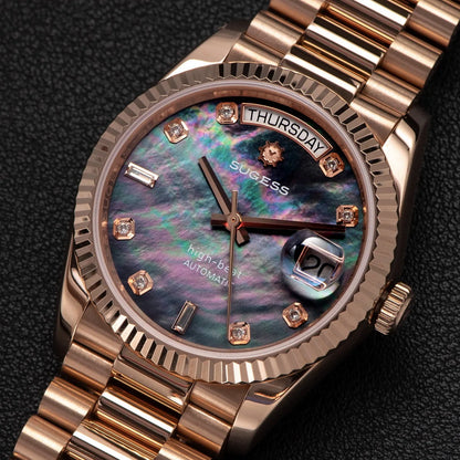 Sugess 36mm Mens of Watch Automatic Dandong Peacock SL3034 Day Movement Sapphire Glass 100m Waterproof Wristwatches MOP Date New