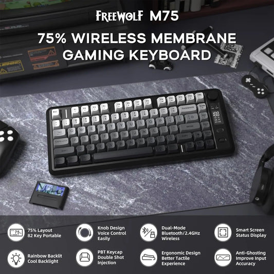 ATTACK SHARK M75 Wireless Membrane Gaming Keyboard with Knob & OLED Display Bluetooth/2.4GHz Rainbow Backlit Gradient PBT Keycaps