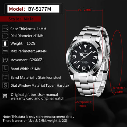 BENYAR 2025 New Men's Automatic Mechanical Watch Business Sports Luxury Men's Watches 50M Waterproof Clock Relogios Masculino