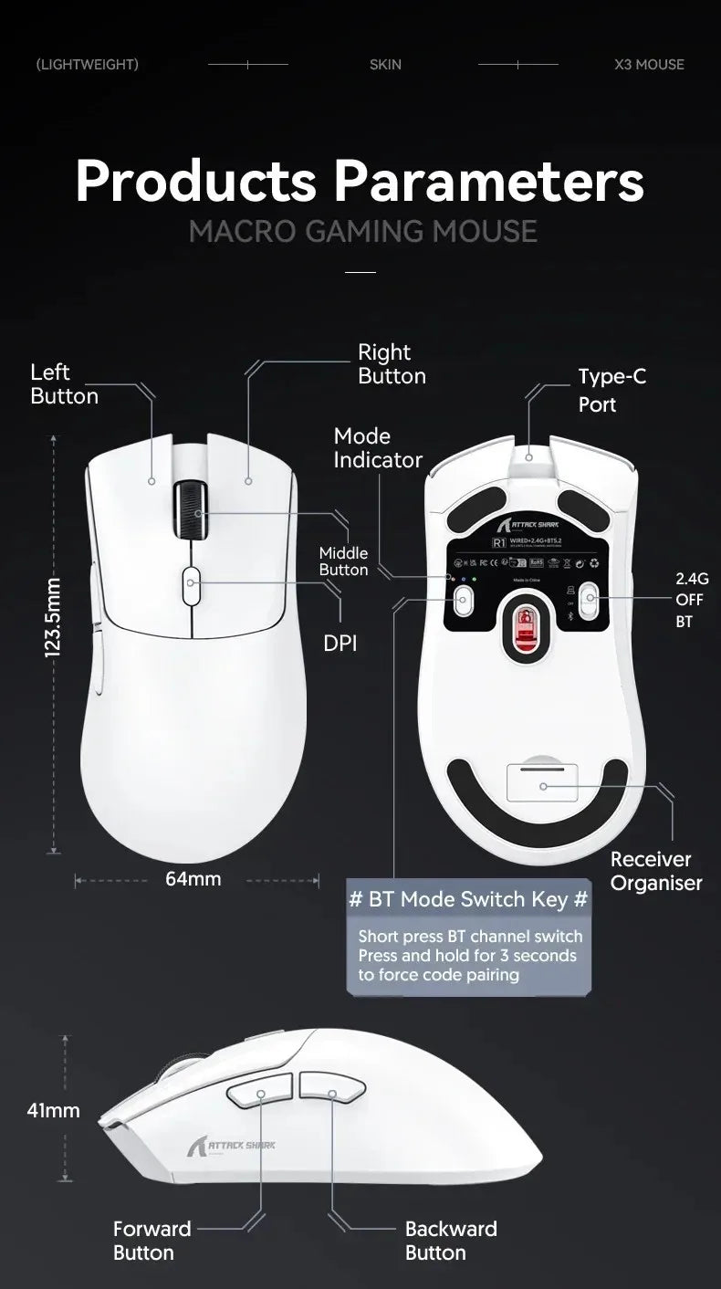 Mouse ultra-leggero ATTACK SHARK R1 59g con PAW3311, 18000DPI, 400IPS, 40G, 1000Hz, Tri-Mode, master Broadcom BK3633, 20 milioni di clic