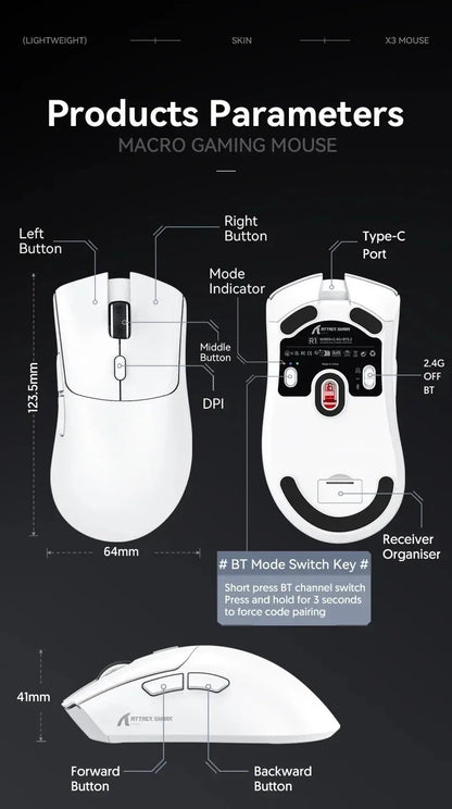 Mouse ultra-leggero ATTACK SHARK R1 59g con PAW3311, 18000DPI, 400IPS, 40G, 1000Hz, Tri-Mode, master Broadcom BK3633, 20 milioni di clic