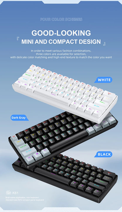60% Portable Mini Keyboard APAYADO K61 Mechanical Keyboard Wired, 61 Keys RGB Black,White, Red/Blue Switch for Gaming