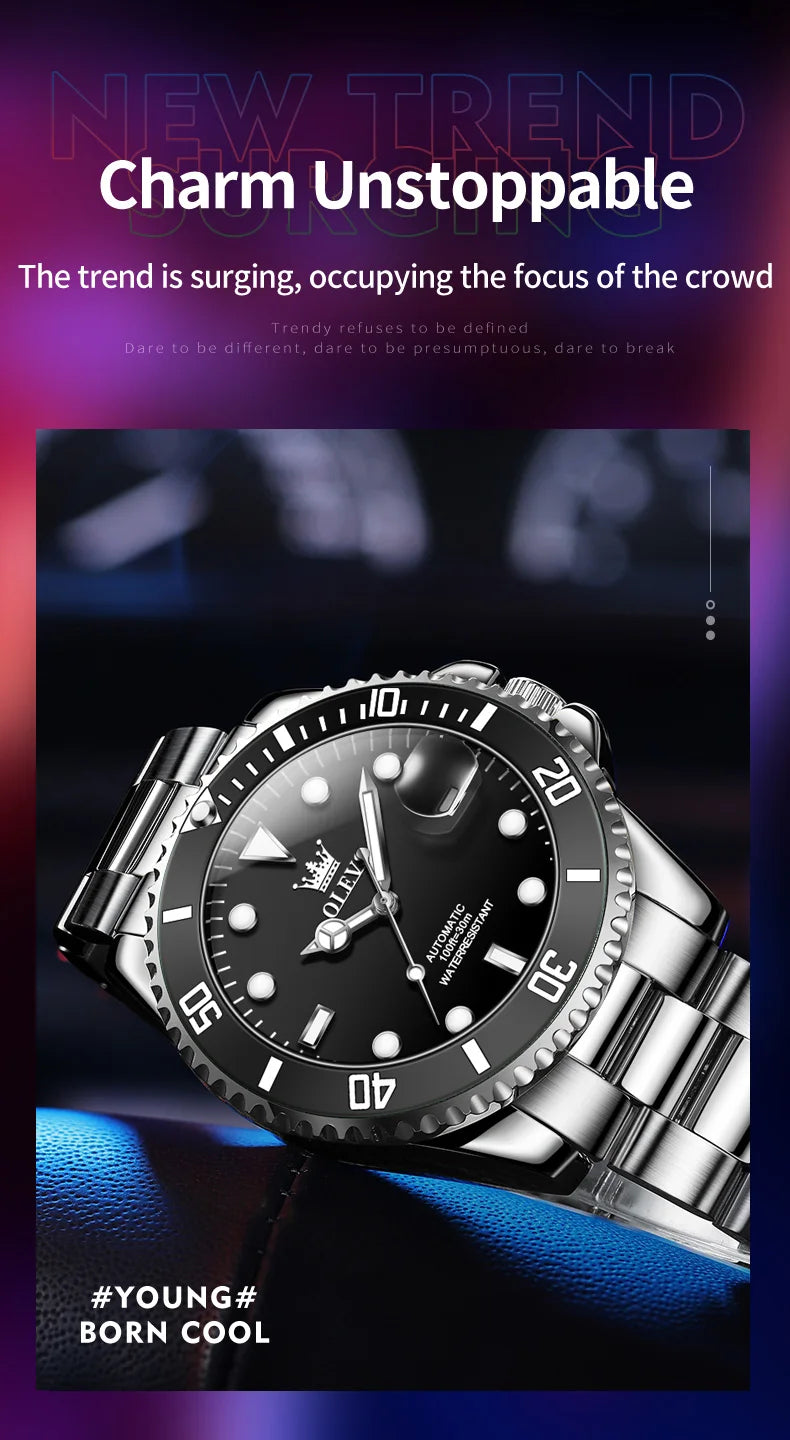 OLEVS Watches Man Fashion Luxury Automatic Mechanical Watch Waterproof Luminous Date Men's Watch Waterproof Luminous Box Gift