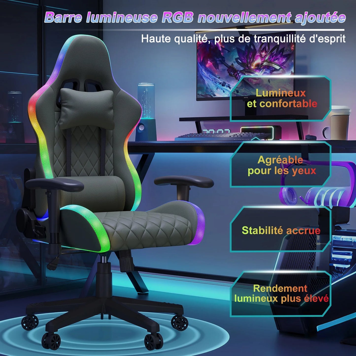 Office Chair, LED gaming chair with ergonomically adjustable backrest, PU leather office chair, lumbar support cushion & pillow