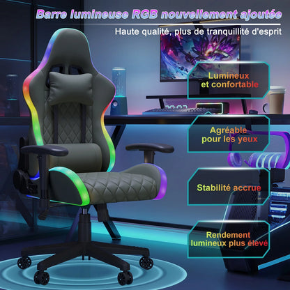 Office Chair, LED gaming chair with ergonomically adjustable backrest, PU leather office chair, lumbar support cushion & pillow