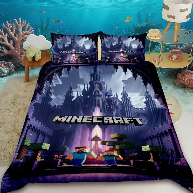 Cartoon Children Duvet Cover Minecraft Cartoon Quilt Cover Bedding Set Queen King Full Size with 1/2 Pillowcase Bedroom