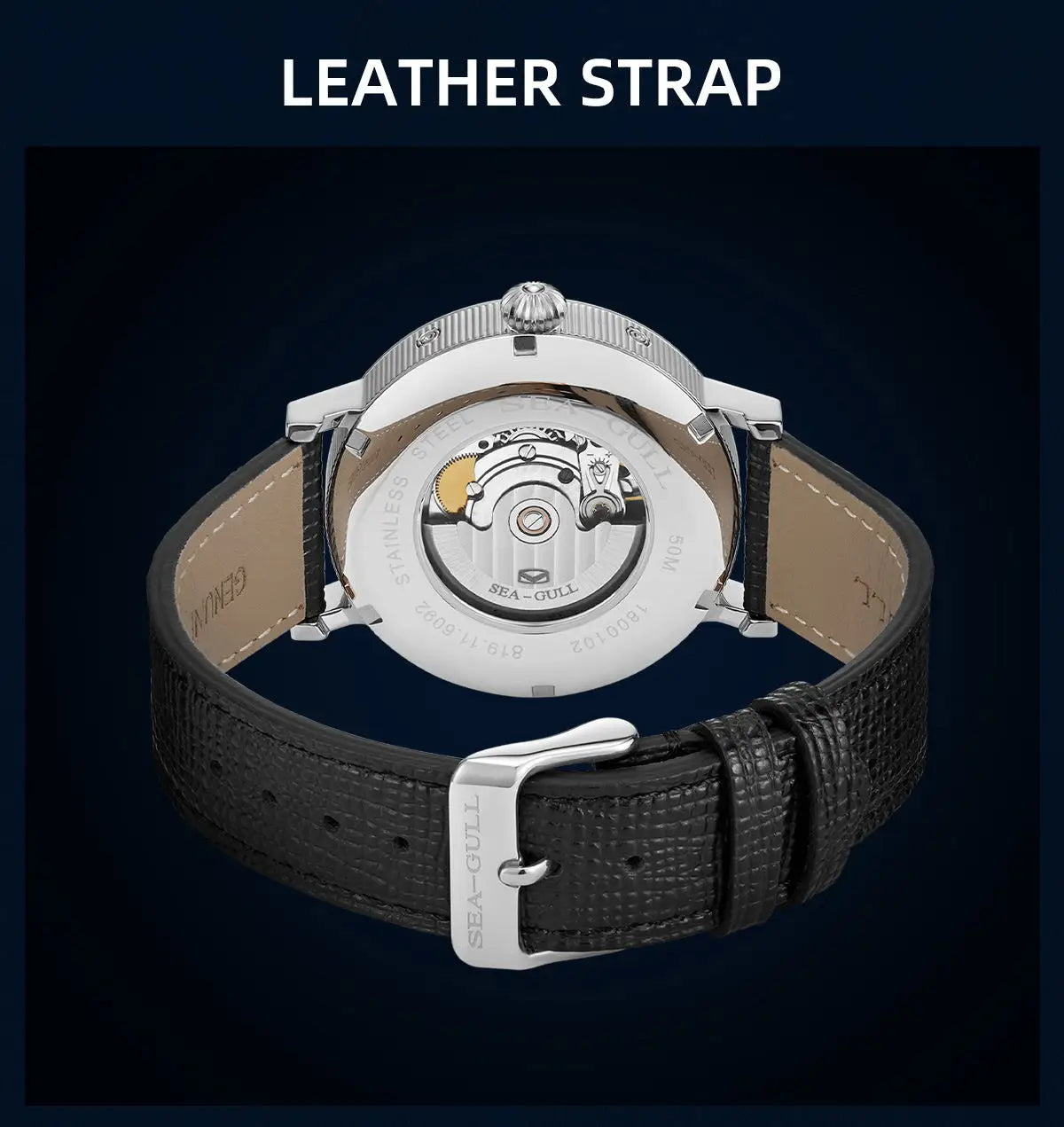 Seagull Men's Business Wristwatch Moon Phase Leather Luxury Automatic Mechanical Men's Watches 50M Waterproof Relogio 6092