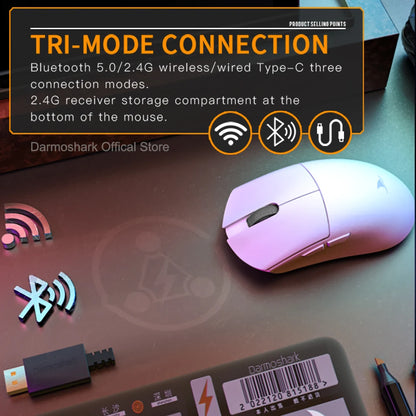 Mouse da gaming Darmoshark M3Pro 2.4G BT wireless tri-mode, sensore PAW3395, N52840, 26000DPI, mouse con driver macro per mani grandi per il gaming