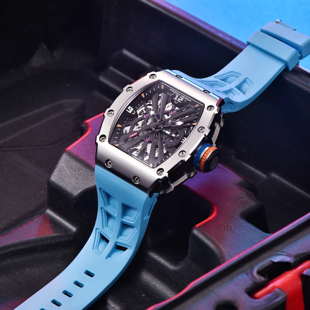 2026 Neue PAGANI DESIGN Herren-Quarzuhr VH65-Uhrwerk, Skeleton-Zifferblatt, 100M wasserdicht, sportliche rechteckige Uhr mit Saphirglas für Herren
