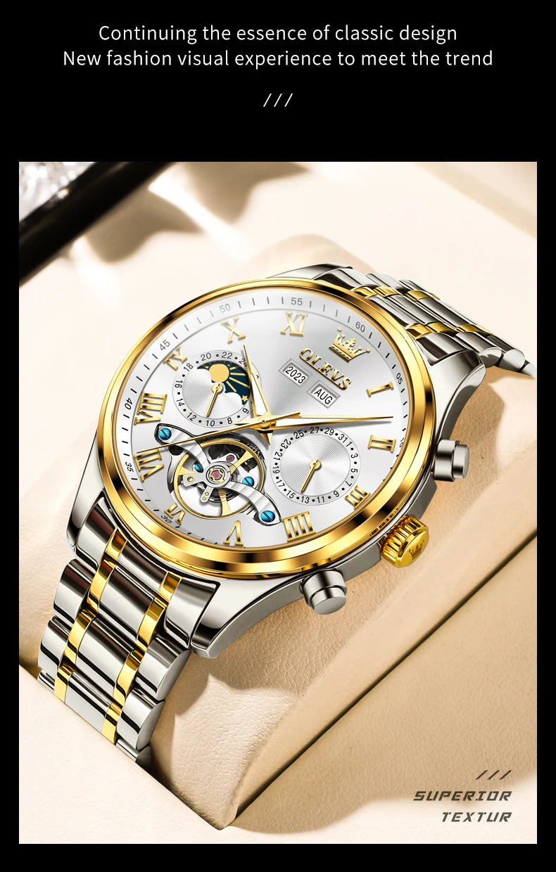 OLEVS 7005 Classic Business Mechanical Wristwatch for Men Skeleton Flywheel 24 Hour Moon Phase Calendar Luxury Men's Watch