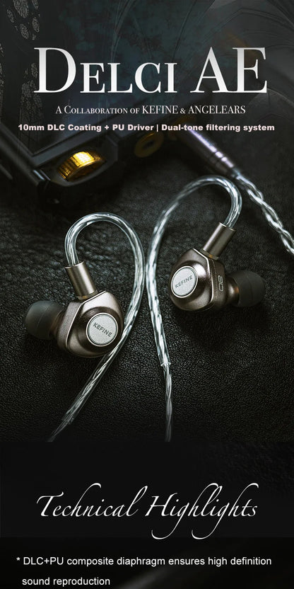 Auscultadores intra-auriculares com fio Kefine X ANELEARS Delci AE 10mm HiFi IEM – Monitores In-Ear com driver DLC+PU e afinação dupla para música e gaming
