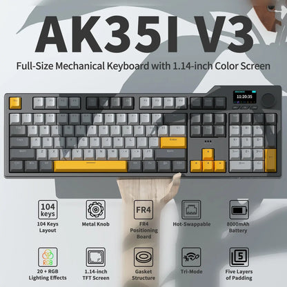 Ajazz AK35I V3 MAX 8000mAh battery Gaming mechanical keyboard Tri-mode Wired Bluetooth Wireless Hot-swappable TFT color screen