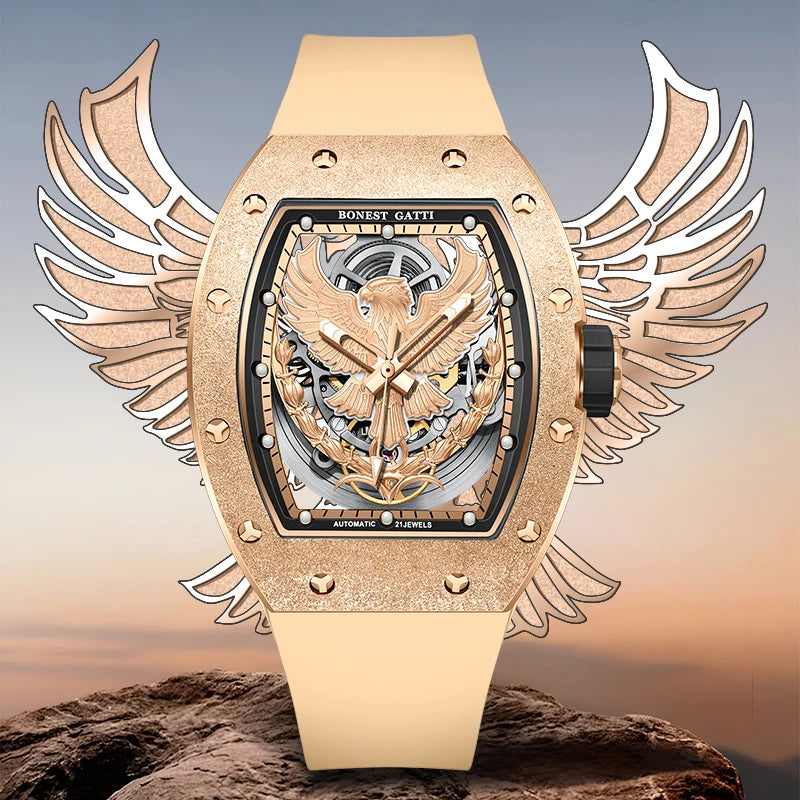 BONEST GATTI Luxury Men Hollow Automatic Mechanical Watches Tonneau Sapphire Crystal Luminous Hollow Eagle Dial Rubber Strapes