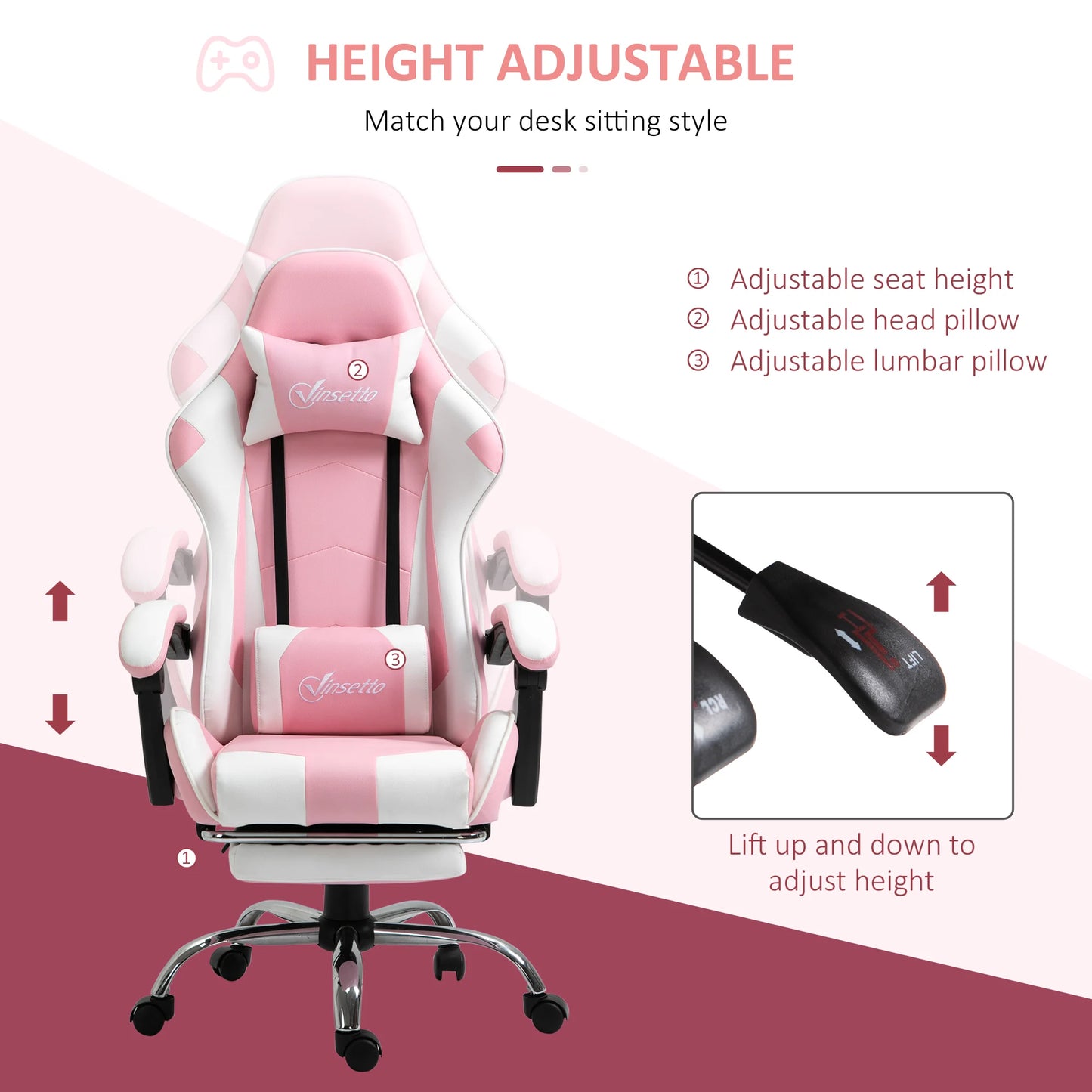 Pink White Gaming Chair Ergonomic Office Chair with Headrest, Lumbar Support, Adjustable Height, 360° Swivel Computer Chair