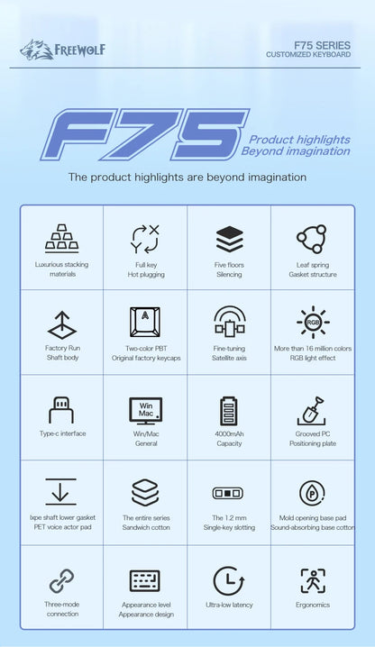 75% Hot Swap Gaming Keyboard Wireless FREEWOL F75 RGB Mechanical Keyboard with Metal Knobs AULA F75 Same Model,Tri-Mode,4000 mAh