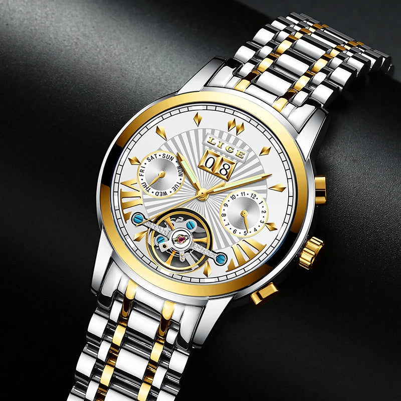 LIGE men’s automatic mechanical wristwatches – High-end luxury watch with a tourbillon, an elegant and water-resistant model, ideal for work or formal occasions.