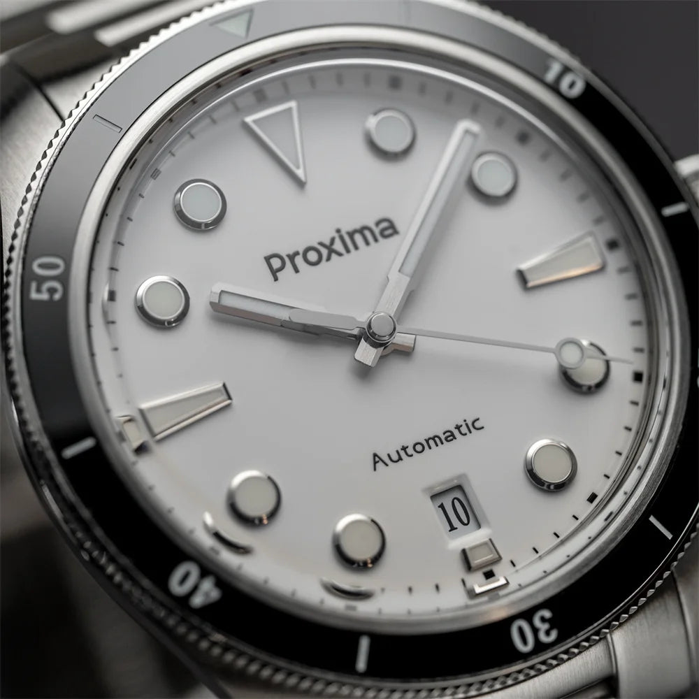 Proxima PX1697 39mm Men Watch White Enamel Dial Bubble Sapphire PT5000 SW200 Automatic Mechanical Vintage Watches 20Bar Luminous